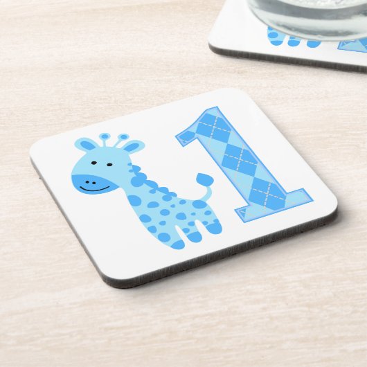 Blue Giraffe Erster Geburtstag Untersetzer (Linke Seite)