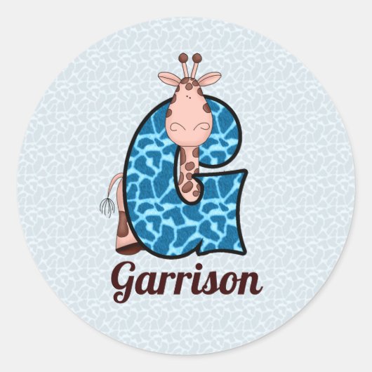 Blue Giraffe Mit Monogramm Buchstabe G mit Name Runder Aufkleber (Vorderseite)