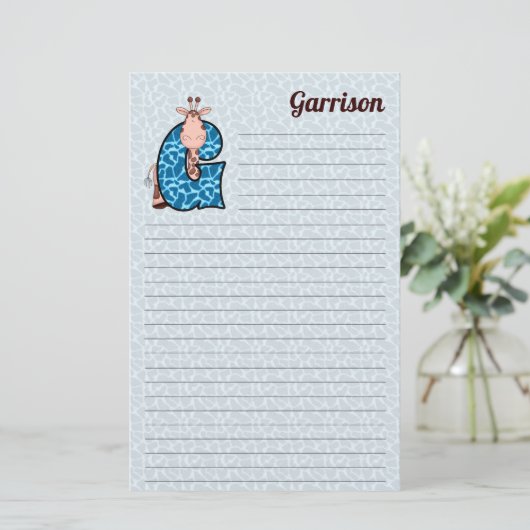 Blue Giraffe Mongrammed G Lined Briefpapier (Stehend Vorderseite)