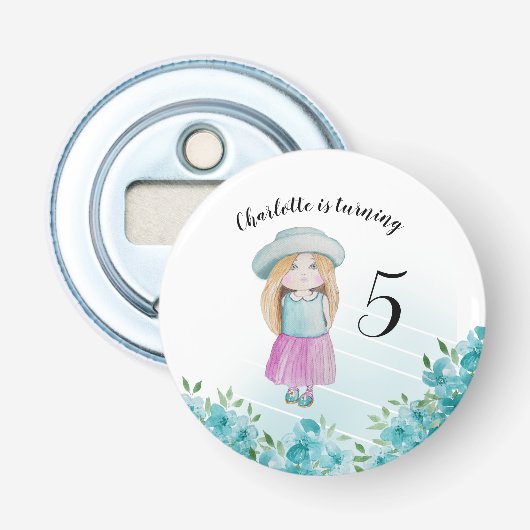 Blue Girl Doll Watercolor Handgemalt Flaschenöffner (Vorderseite)