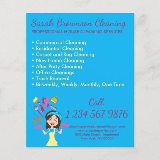 Blue Girl House Maid Janitorial Cleaning Flyer (Vorderseite)