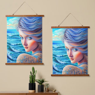 Blue Girl Ocean Waves Fantasy Fantastisches Kunstw Wandteppich Mit Holzrahmen