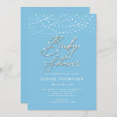Blue Glam Calligraphy Rustic Light Boy Baby Showdu Einladung (Vorne/Hinten)