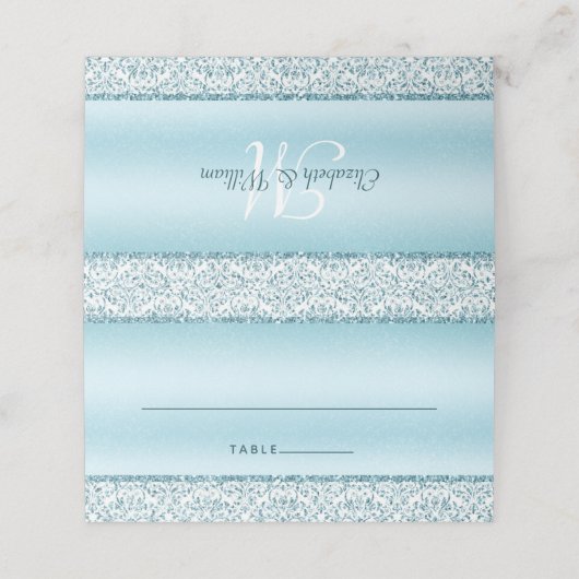 Blue Glam Damask Glitzer Monogram Wedding Platzkarte (Außenseite Aufgefaltet)