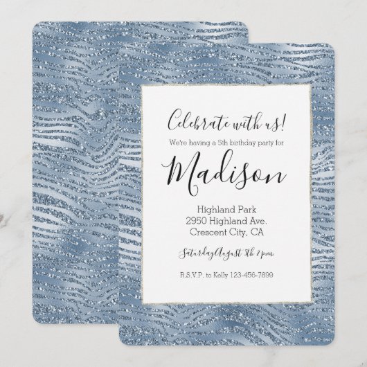 Blue Glam Glitzer Zebra Print Einladung (Vorne/Hinten)