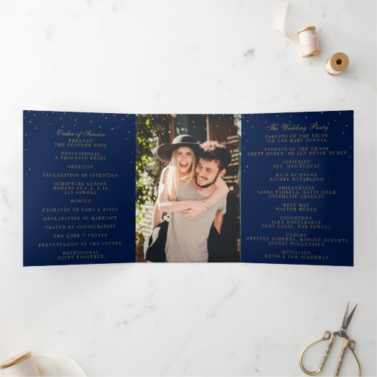 Blue & Glam Gold Confetti Wedding Collection Dreifach-gefaltete Programmkarte (Innenseite)
