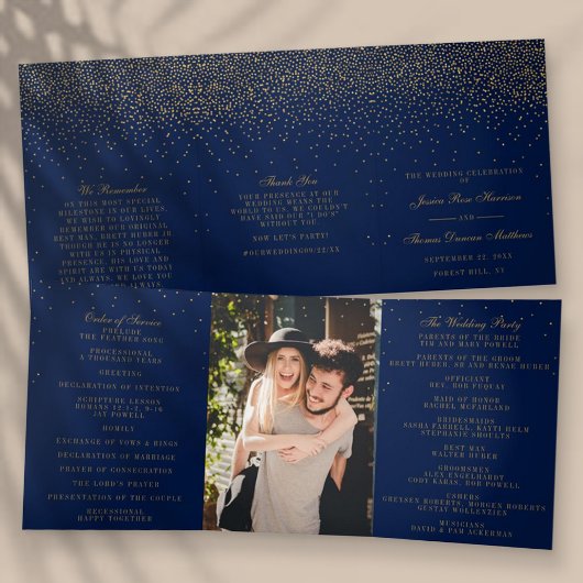 Blue & Glam Gold Confetti Wedding Collection Dreifach-gefaltete Programmkarte