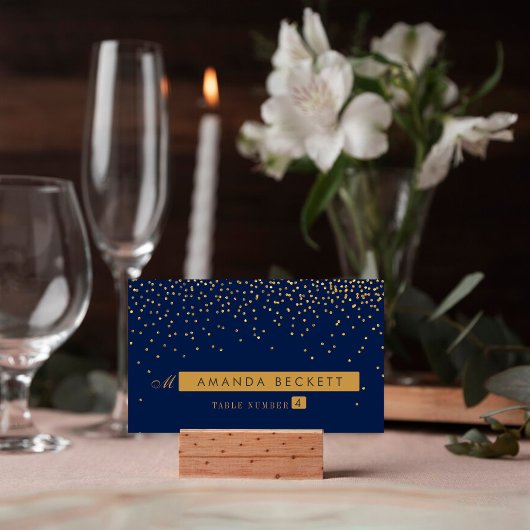 Blue & Glam Gold Confetti Wedding Escort Card Platzkarte