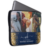 Blue Glam Gold Glitzer 3 Foto Collage Mit Monogram Laptopschutzhülle (Vorne Rechts)