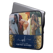 Blue Glam Gold Glitzer 3 Foto Collage Mit Monogram Laptopschutzhülle (Vorderseite Links)