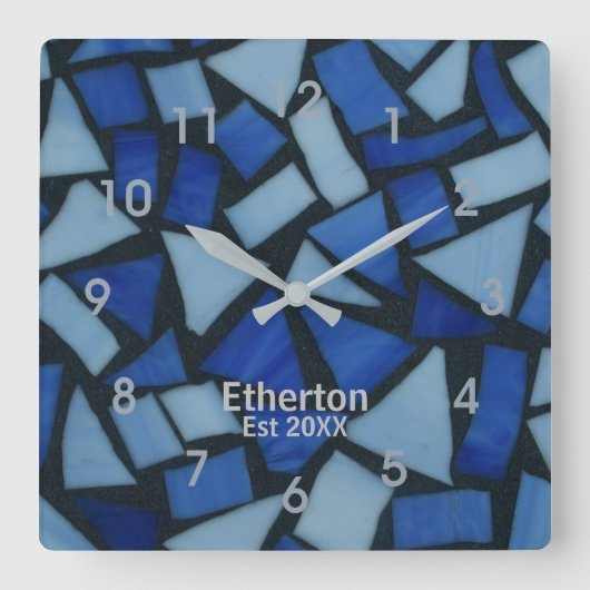 Blue Glass Mosaic Pattern Acrylic Wall Clock Quadratische Wanduhr (Vorderseite)