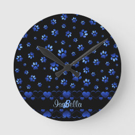 Blue glitter dog paw pattern, Monogram  Runde Wanduhr
