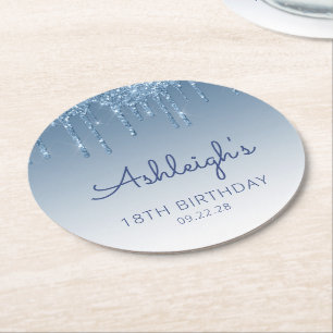 Blue Glitter Drip 18. Geburtstagsfeier Runder Pappuntersetzer
