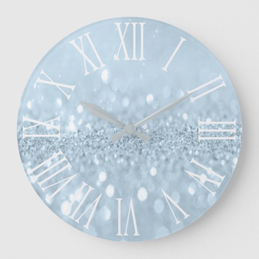 Blue Glitter Grey Metallic Silver Roman Number Große Wanduhr (Vorderseite)
