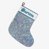 Blue Glitter Personalized Name Christmas Stocking Großer Weihnachtsstrumpf (Vorderansicht (hängend))