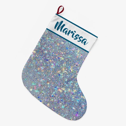 Blue Glitter Personalized Name Christmas Stocking Großer Weihnachtsstrumpf (Vorderansicht (hängend))