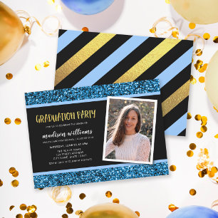 Blue Glitter Photo Graduation Party Invitation Einladung