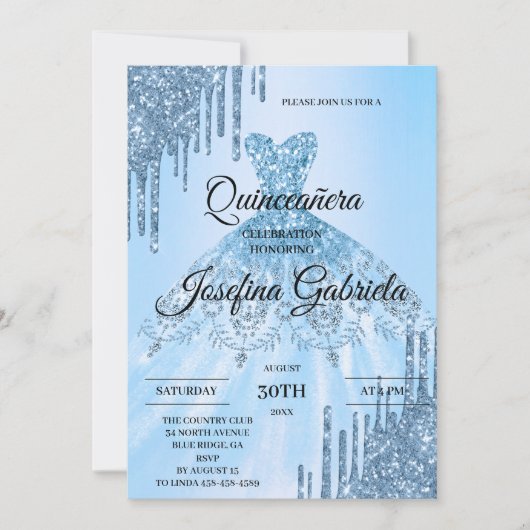 Blue Glitter Quinceañera Invitation Einladung (Vorderseite)