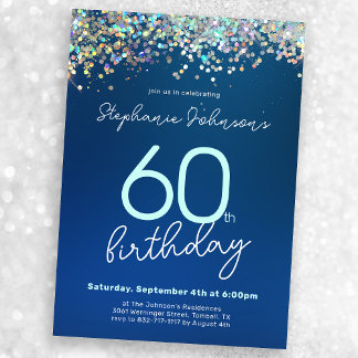 Blue Glitzer 60. Geburtstagsparty Einladung