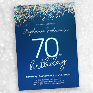 Blue Glitzer 70. Geburtstagsparty Einladung