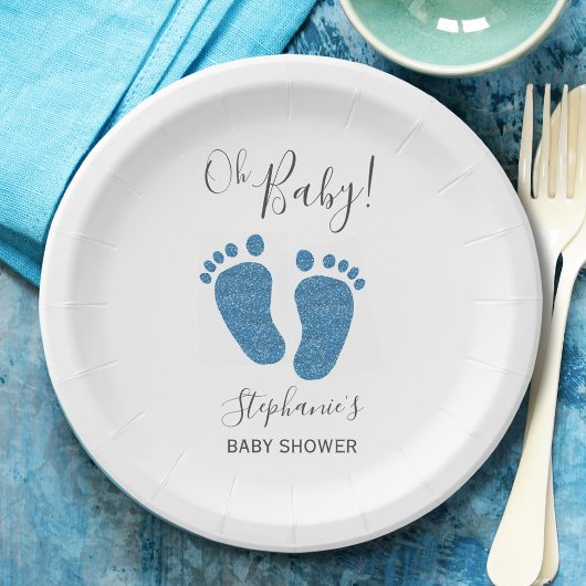 Blue Glitzer Baby Feet Babydusche Pappteller
