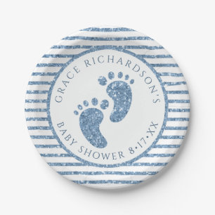Blue Glitzer Baby Feet Babydusche Personalisiert Pappteller
