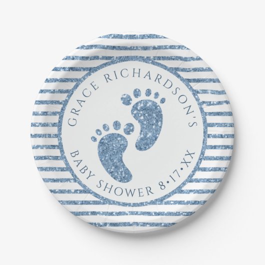 Blue Glitzer Baby Feet Babydusche Personalisiert Pappteller (Vorderseite)