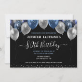 Blue Glitzer Balloons 80. Geburtstagsparty Einladung (Vorderseite)