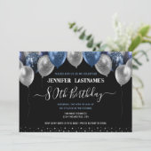 Blue Glitzer Balloons 80. Geburtstagsparty Einladung (Stehend Vorderseite)
