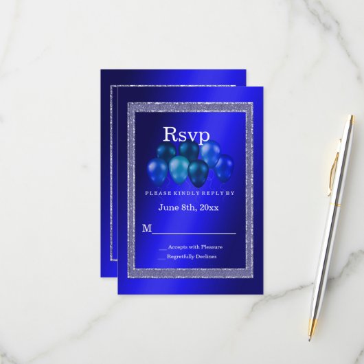 Blue Glitzer & Birthday Balloons RSVP Card Karte (Vorderseite/Rückseite Beispiel)