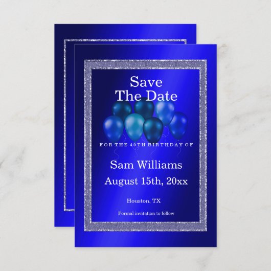 Blue Glitzer & Birthday Balloons Save The Date (Vorne/Hinten)