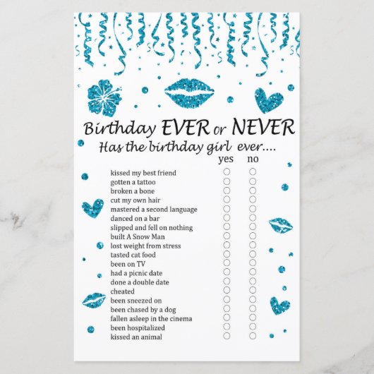 Blue Glitzer Birthday Ever oder Niemals Game (Vorderseite)