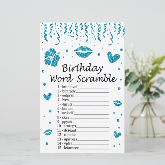 Blue Glitzer Birthday Word Scramble Game (Stehend Vorderseite)