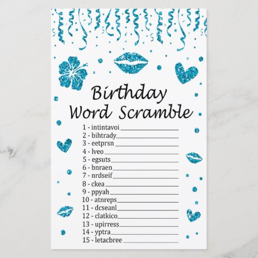 Blue Glitzer Birthday Word Scramble Game (Vorderseite)