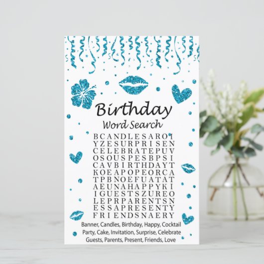 Blue Glitzer Birthday Word Search Game (Stehend Vorderseite)