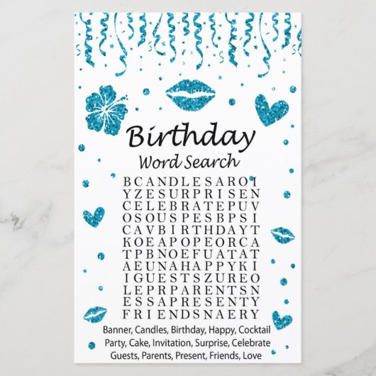 Blue Glitzer Birthday Word Search Game (Vorderseite)