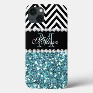 BLUE GLITZER BLACK ZICKZACK MIT MONOGRAMM iPhone 13 HÜLLE
