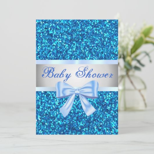 Blue Glitzer Blue Bow Baby Dusche Einladung (Stehend Vorderseite)