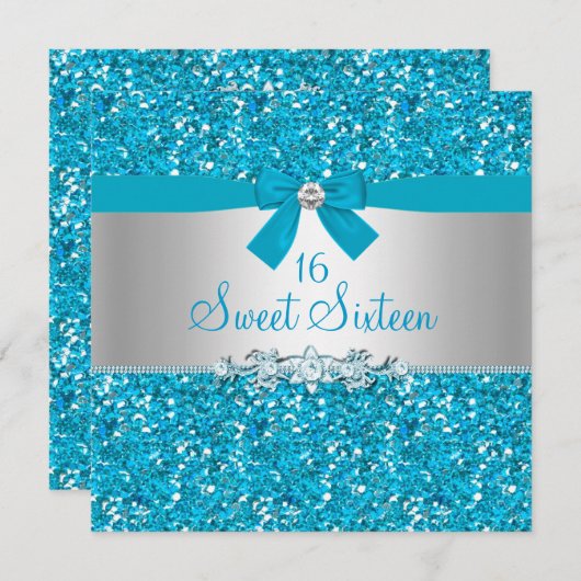 Blue Glitzer Bow 16 . Geburtstag Invite Einladung (Vorne/Hinten)