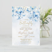 Blue Glitzer Butterfly Baby Dusche Einladung (Stehend Vorderseite)