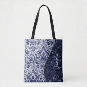 Blue Glitzer Damask Muster Glam Wave Personalisier Tasche (Vorderseite)
