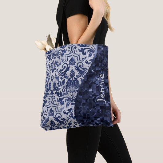 Blue Glitzer Damask Muster Glam Wave Personalisier Tasche (Von Nahem)