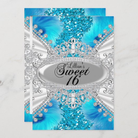 Blue Glitzer & Feather Sweet 16 Einladung (Vorne/Hinten)