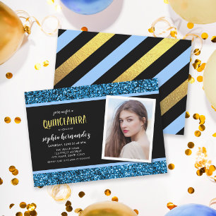 Blue Glitzer Foto Quinceanera Einladung