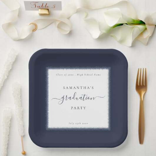 Blue Glitzer Frame Name Year Graduation Party Pappteller (Hochzeit)