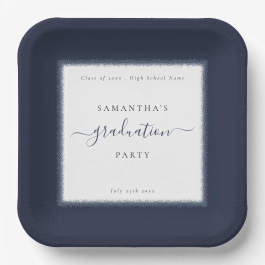 Blue Glitzer Frame Name Year Graduation Party Pappteller (Vorderseite)
