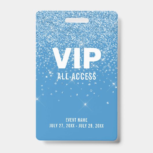 Blue Glitzer Glam VIP All Access Pass Event ID Ausweis (Vorderseite)