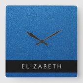 Blue Glitzer, Glitzer Hintergrund, Ihr Name Quadratische Wanduhr (Vorderseite)