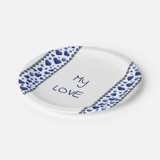 Blue Glitzer Herzpapier Teller (Schrägansicht)