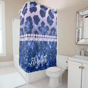 Blue Glitzer Leopard Print Duschvorhang